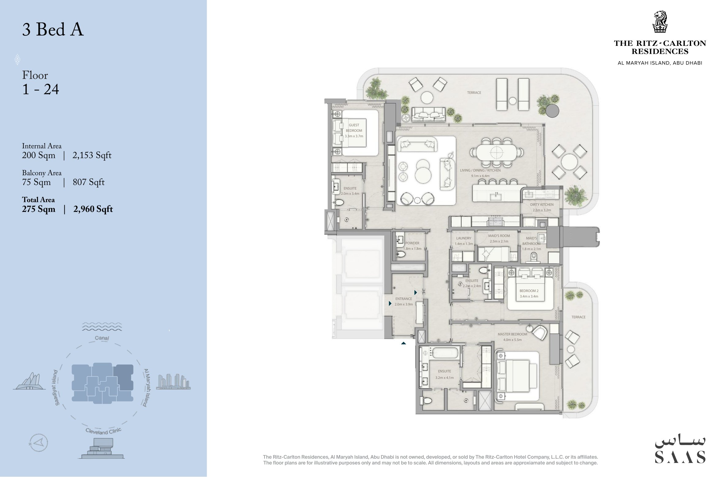 3-bedroom residence or duplex, 3 Bed A · floors 1 to 24