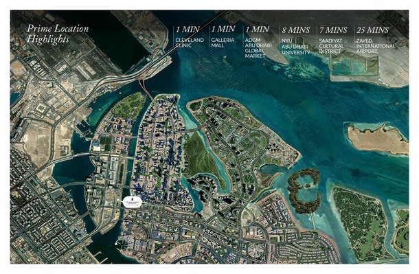 Map of Al Maryah Island in Abu Dhabi with the tower, Cleveland Clinic and the drive times to ADGM, Saadiyat and the airport